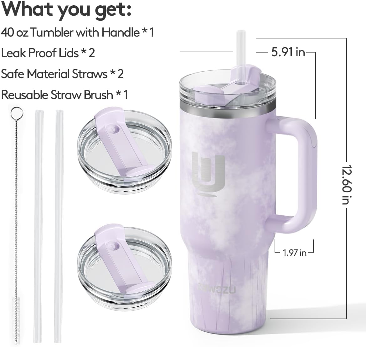 ZUWOZU 40 Oz Insulated Tumbler with Handle and Straw, 2 Lids, Double Walled