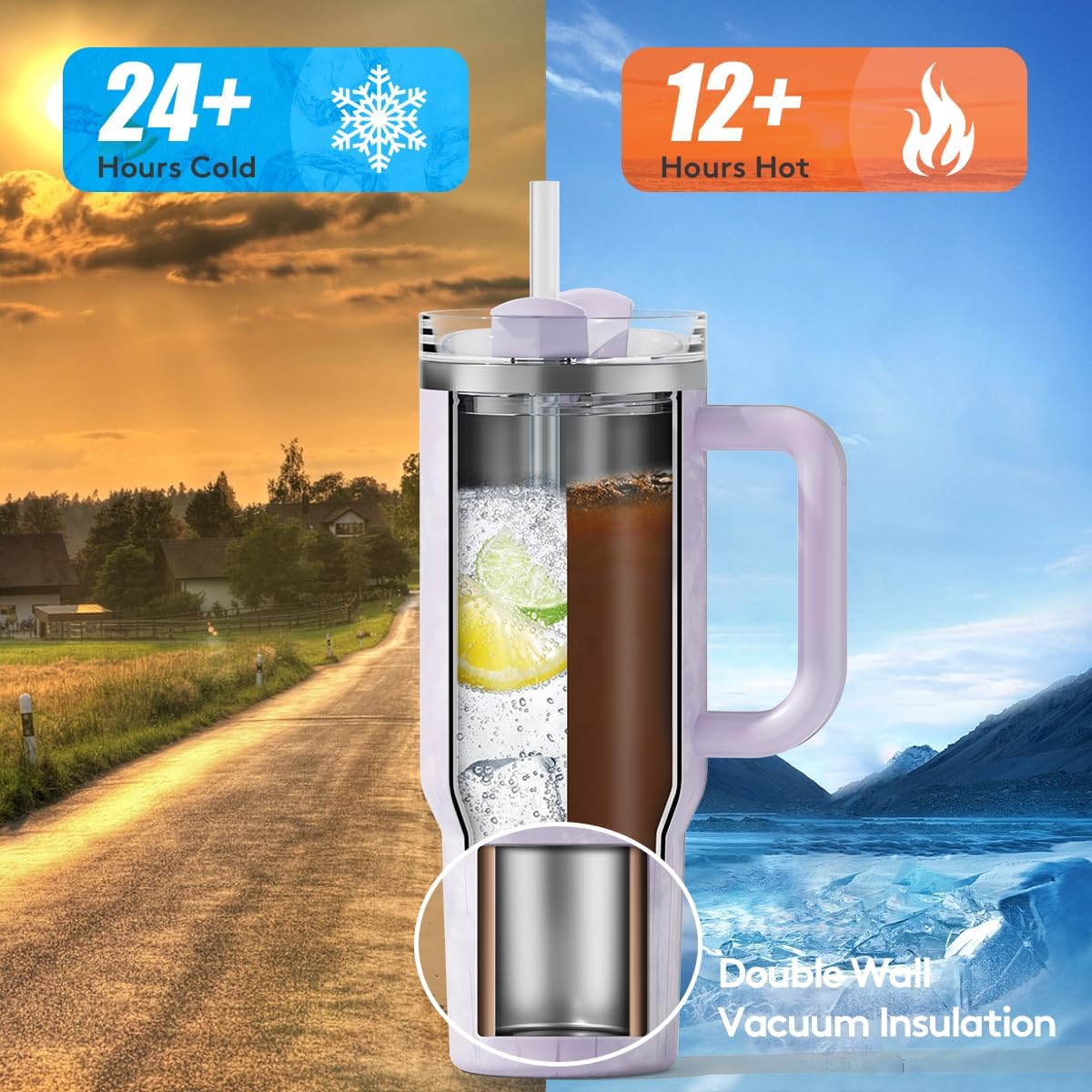 ZUWOZU 40 Oz Insulated Tumbler with Handle and Straw, 2 Lids, Double Walled